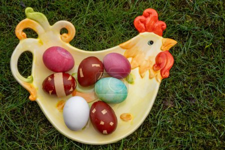 dyed multi colored easter eggs on the chicken-shaped ceramic plate on green background. Easter celebration. 