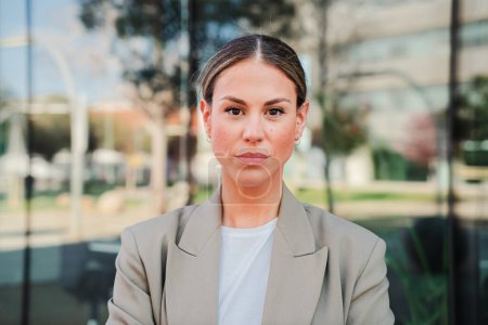 Photo for Close up portrait of powerful business woman looking serious at camera standing at workplace. Elegant office secretary, executive female, entrepreneur, lawyer, firm associate with successful attitude - Royalty Free Image