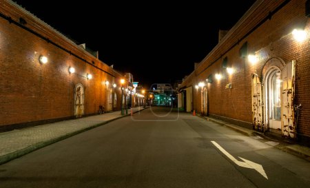Photo for Hakodate redbrick warehouses street at night. Hokkaido, Japan - Royalty Free Image