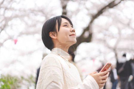 Foto de Joven adulto japonés turista mujer buscando sakura cerezo flor árbol. Temporada de viajes hanami festival cultura en Japón en primavera marzo y abril. - Imagen libre de derechos