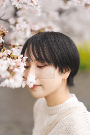 Photo for Vertical portrait of young adult japanese tourist woman looking sakura cherry blossom tree. Travel season hanami festival culture in japan on spring March and April. - Royalty Free Image