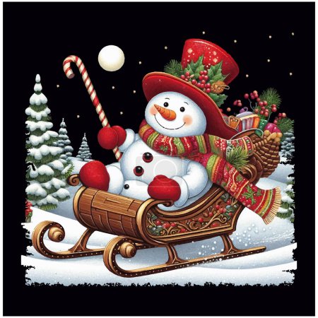 Foto de Muñeco de nieve en un archivo vectorial de paseo en trineo, escena de Navidad, Santa Claus, vacaciones de Navidad, archivo de ilustración vectorial - Imagen libre de derechos