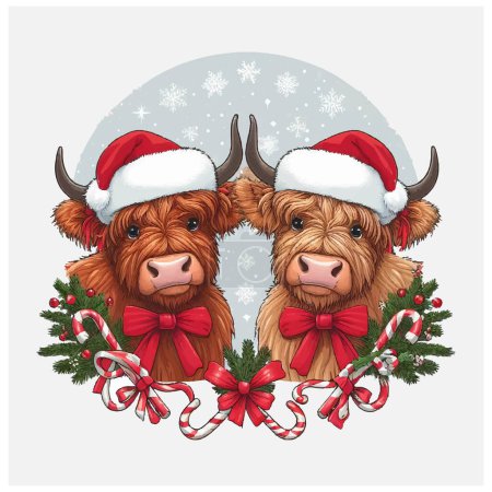 Illustration for Christmas Highland Cows  vector file - Royalty Free Image
