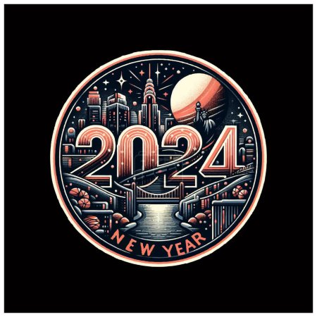 Foto de Feliz año nuevo chino 2024. Año del Dragón. Tarjeta de felicitaciones con Dragón de oro sobre un fondo negro, etiqueta circular - Imagen libre de derechos