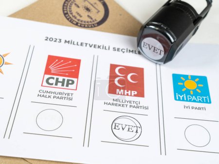 Photo for 14 May 2023 Turkey, 14 May 2023 Turkish member of parliament elections. Ballot and stamp. 14 Mayis Turkiye cumhurbaskanligi secimi. - Royalty Free Image