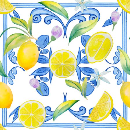 Photo for Lemons and majolica seamless pattern. Yellow citrus fruits on a branch and Sicilian ornament endless background. Traditional mediterranean summer print. - Royalty Free Image