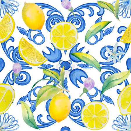 Photo for Lemons and majolica seamless pattern. Yellow citrus fruits on a branch and Sicilian ornament endless background. Traditional mediterranean summer print. - Royalty Free Image