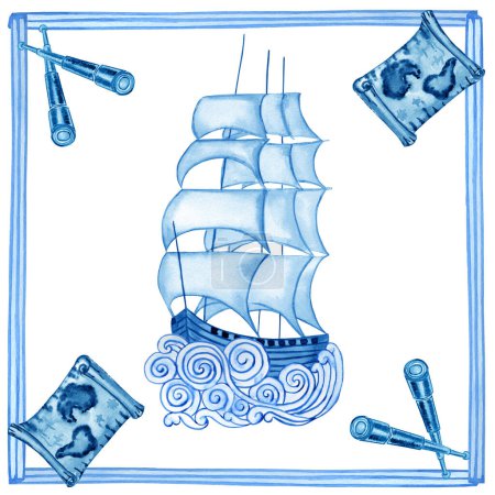 Téléchargez les photos : Carreaux de céramique traditionnelle en majolique bleue. Aquarelle illustration dessinée à la main de l'ornement sicilien. Voilier rétro style Azulejo. - en image libre de droit