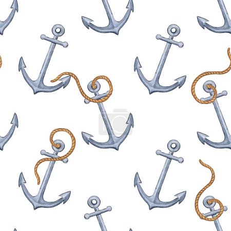 Photo for Watercolor gray anchor and rope seamless pattern. Hand drawn endless background for fabric and wallpaper. Marine motif endless backdrop. - Royalty Free Image