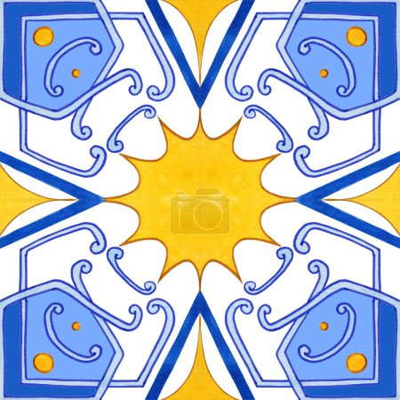 Foto de Majolica watercolor seamless pattern. Sicilian hand drawn ornament. Traditional blue and yellow ceramic tiles. Portuguese traditional azulejo pattern. Moroccan style. - Imagen libre de derechos