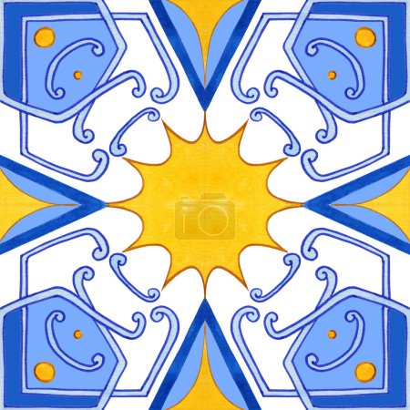 Photo for Majolica watercolor seamless pattern. Sicilian hand drawn ornament. Traditional blue and yellow ceramic tiles. Portuguese traditional azulejo pattern. Moroccan style. - Royalty Free Image
