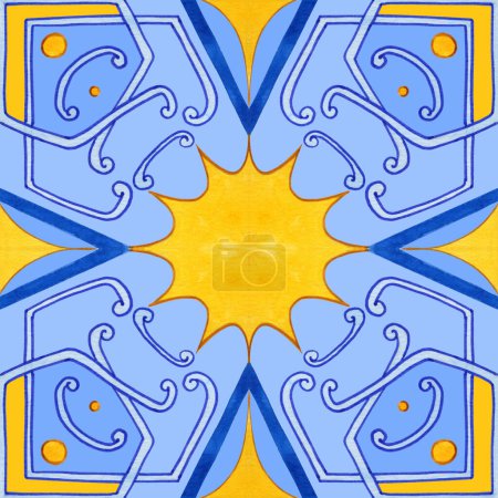 Téléchargez les photos : Majolica watercolor seamless pattern. Sicilian hand drawn ornament. Traditional blue and yellow ceramic tiles. Portuguese traditional azulejo pattern. Moroccan style. - en image libre de droit