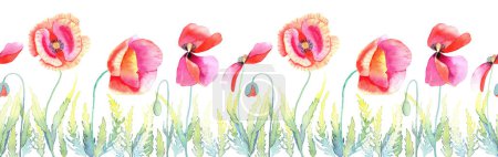 Red poppies watercolor seamless border. Endless summer banner with wildflowers. For postcards and invitations.