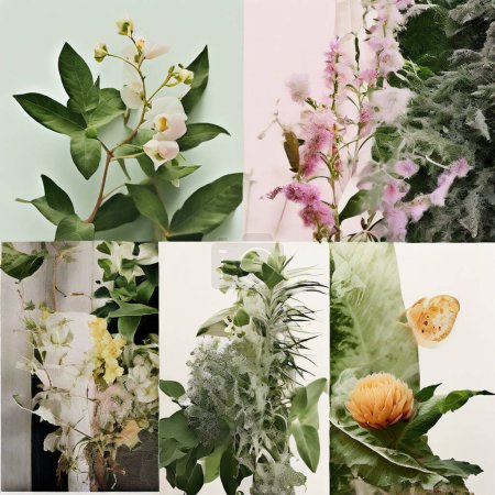 Collage botanique artistique textures stratifiées et teintes verdoyantes à Montage