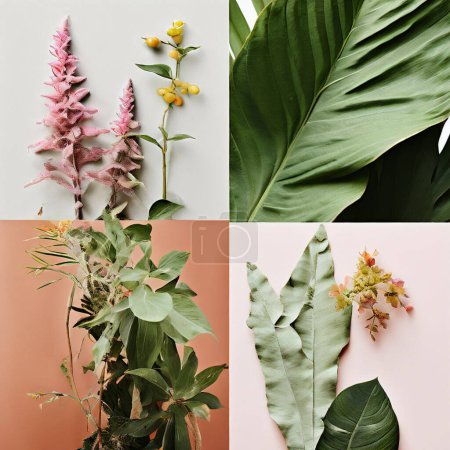 Collage botanique artistique textures stratifiées et teintes verdoyantes à Montage