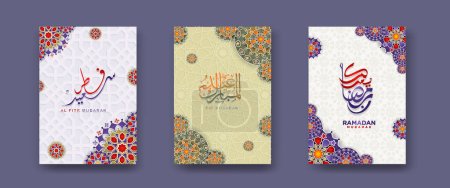 Ilustración de Set Islamic cover background template with arabic calligraphy and ornamental colorful detail of floral mosaic islamic art ornament, for ramadan event and eid al fitr event and other users.Vector illustration. - Imagen libre de derechos
