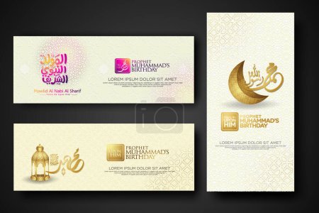 Set banner birthday of the Prophet Muhammad with arabic calligraphy and lantern, crescent moon, silhouette mosque with islamic ornament and textured background. vector illustration.