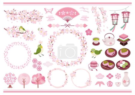 Téléchargez les photos : Cadre en fleur de cerisier et ensemble d'illustration matériel de style japonais de printemps - en image libre de droit