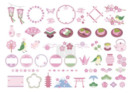 Ilustración de Sakura y primavera estilo japonés icono de material conjunto - Imagen libre de derechos