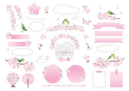 Téléchargez les illustrations : Conception japonaise à oeil blanc et cadre à ressort perché sur une branche de fleurs de cerisier - en licence libre de droit