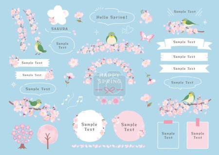 Téléchargez les photos : Conception japonaise à oeil blanc et cadre à ressort perché sur une branche de fleurs de cerisier - en image libre de droit