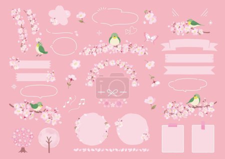 Illustration for Japanese white-eye and spring frame design perched on a branch of cherry blossoms - Royalty Free Image