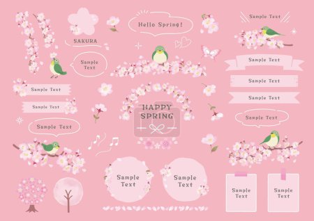 Téléchargez les photos : Conception japonaise à oeil blanc et cadre à ressort perché sur une branche de fleurs de cerisier - en image libre de droit
