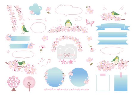 Illustration for Japanese white-eye and spring frame design perched on a branch of cherry blossoms - Royalty Free Image