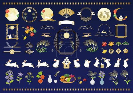 Japanese moon viewing festival with full moon and rabbit.vector illustration. 