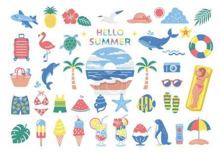 Ilustración de Conjunto de ilustración de verano y mar. tropical, viajes, icono, playa - Imagen libre de derechos