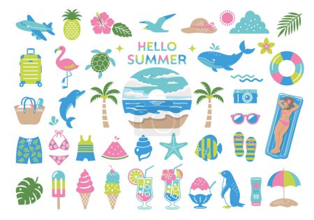 Téléchargez les illustrations : Ensemble d'illustration d'été et de mer. tropical, voyage, icône, plage - en licence libre de droit
