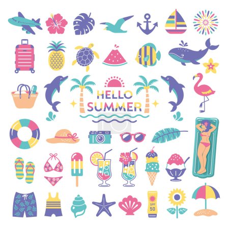 Ilustración de Conjunto de ilustración de verano y mar. tropical, viajes, icono, playa - Imagen libre de derechos