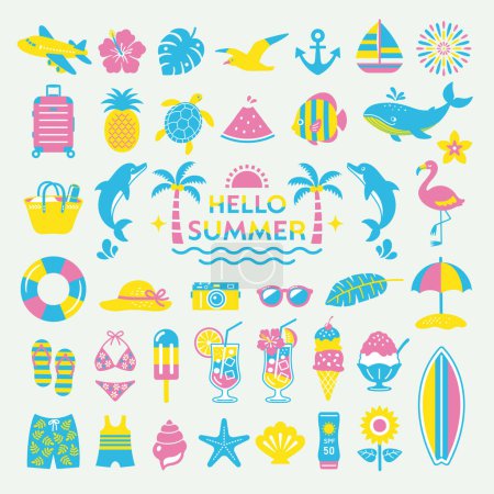 Téléchargez les illustrations : Ensemble d'illustration d'été et de mer. tropical, voyage, icône, plage - en licence libre de droit