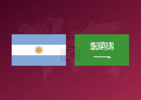 Football poster of the match between the teams of Argentina and Saudi Arabia. Vector graphics. Background with world map.