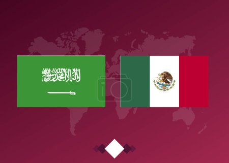 Plakat für Fußballturniere. Fußballspiel zwischen Saudi-Arabien und Mexiko Vektorgrafik. Weltkarte.