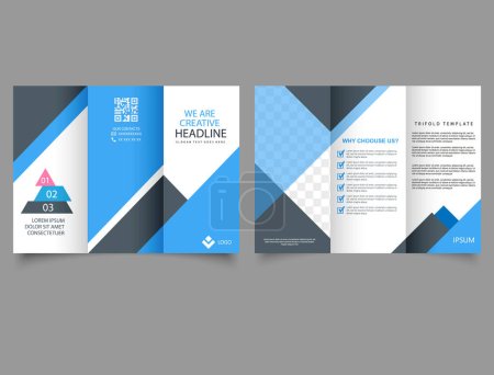 Téléchargez les illustrations : Trifold brochure with geometric figures. Vector empty trifold brochure print template design with blue. - en licence libre de droit