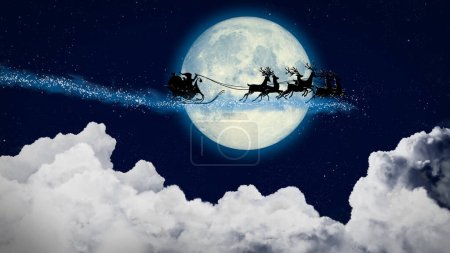 Photo for Santa Claus in a sleigh flying over the moon at night. Santa flies to deliver gifts. On night sky background tale of myth and legend. Digital art style, fine art illustration painting. - Royalty Free Image