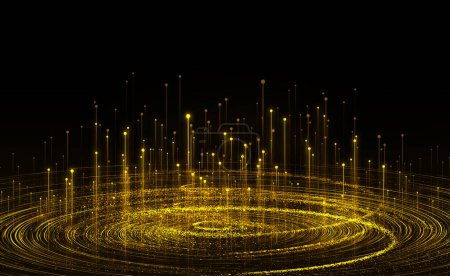 Foto de Las líneas punteadas doradas emiten vórtice de partículas, big data, tecnología de comunicación de fondo - Imagen libre de derechos