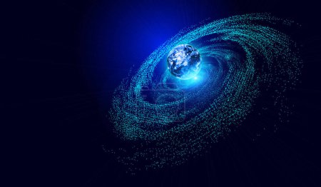 Foto de Tierra 3D, línea, vórtice cósmico de partículas, big data de red - Imagen libre de derechos