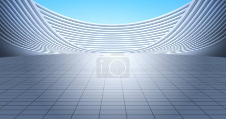Téléchargez les photos : Bâtiment moderne en argent courbé avec sol, avec un fond de ciel lumineux. Illustration de rendu 3D. - en image libre de droit