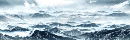 Aerial view of rolling snow mountain mountains landscape skyline in Chinese ink painting style