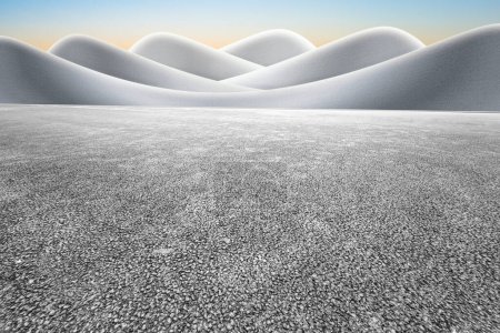 Abstract concrete building with wide unmanned asphalt pavement, clean bright sky background.3d rendering.