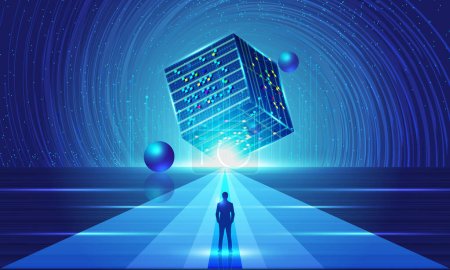 Téléchargez les illustrations : Le marchand fait face à l'univers vortex cube starry future technologie concept - en licence libre de droit