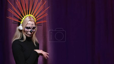 Photo for Beautiful Halloween Make-Up Style, Fancy Dress. Blond Model Wear Sugar Skull Makeup with Crown. Santa Muerte concept, Art Costume with Diadem - Royalty Free Image