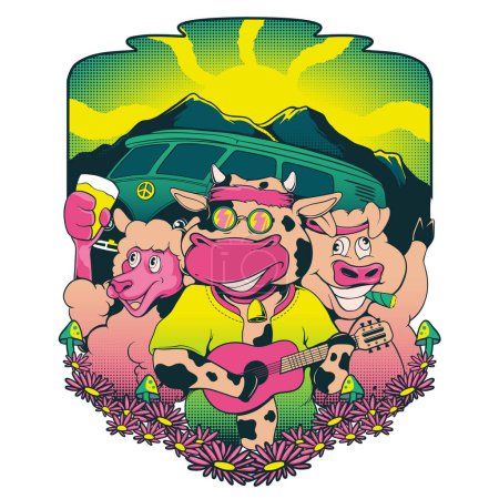This playful vector illustration features a psychedelic style farm animals on a summer vacation. The sheep holds a glass of beer, while the cow strums an ukulele and the pig smokes. 