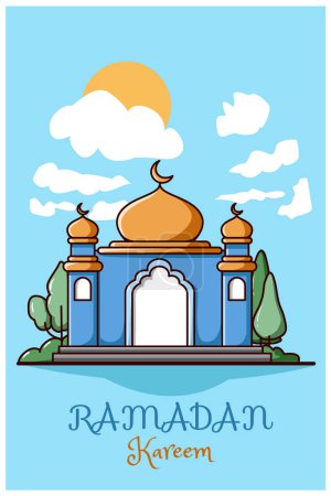 Foto de Mezquita azul amarilla con fondo de cielo Ramadán Kareem ilustración de dibujos animados - Imagen libre de derechos