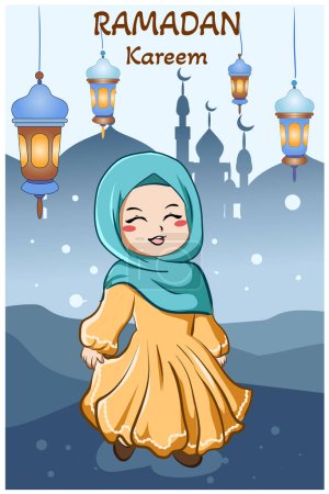 Foto de Chica feliz celebrando Ramadán Kareem por la noche con ilustración de dibujos animados decoración linterna - Imagen libre de derechos