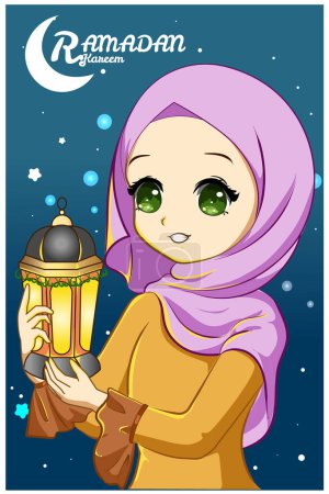Foto de Hermosa chica musulmana con linterna en Ramadán Kareem noche ilustración de dibujos animados - Imagen libre de derechos