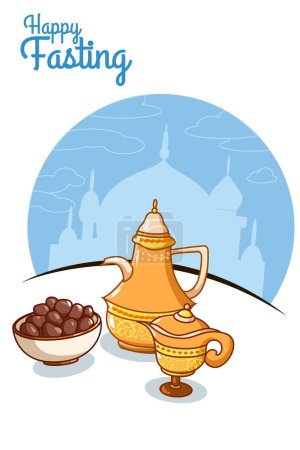 Téléchargez les photos : Joyeux jeûne avec thé et palme à l'illustration de dessin animé Ramadan Moubarak - en image libre de droit