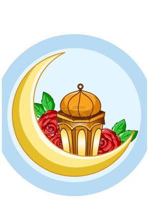 Téléchargez les photos : Lune d'or avec lanterne à l'illustration de dessin animé Ramadan Moubarak - en image libre de droit